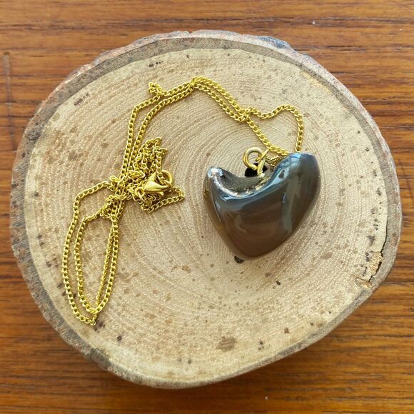 Resin-filled Heart Shaped Stone Necklace with Gold Plated Chain - Picture 8 of 10
